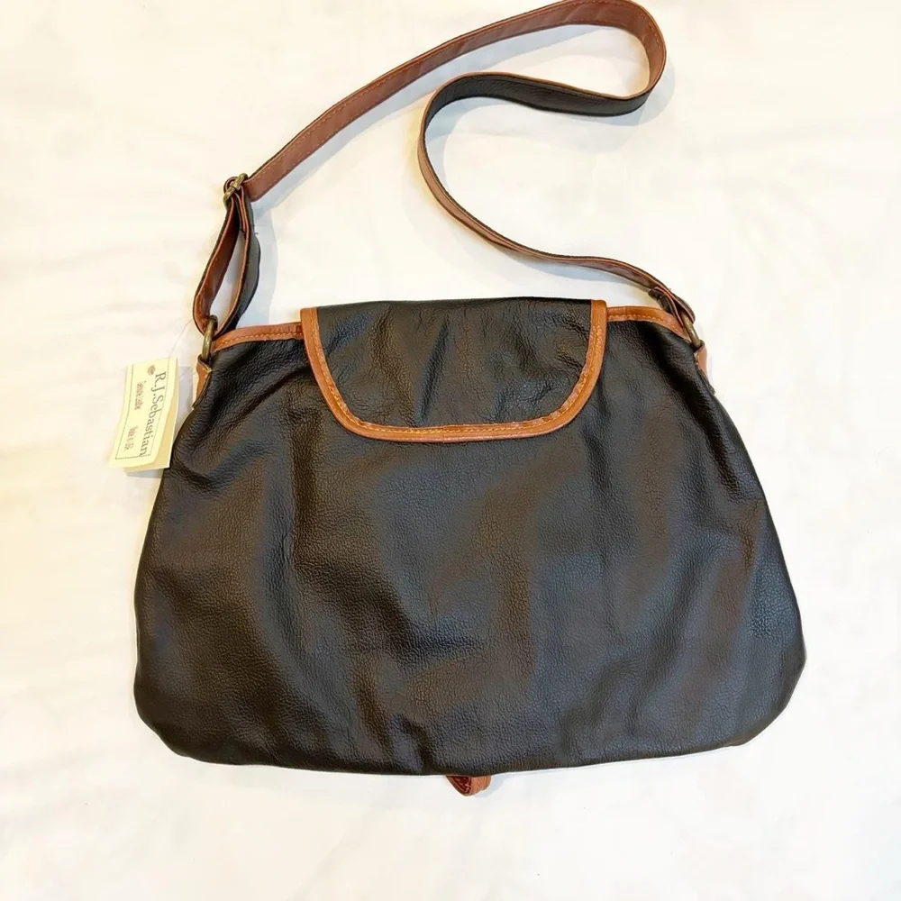 Black Leather and Brown Trim‎ Equestrian Crossbody Bag NWT Preppy 90s